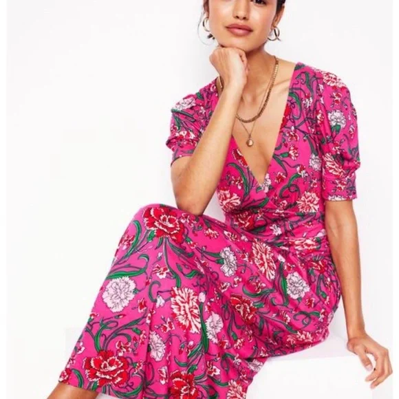 Boden Pink Floral Wrap Midi Dress size 10 - Picture 1 of 3